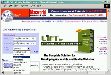 screen shot of usable net home page