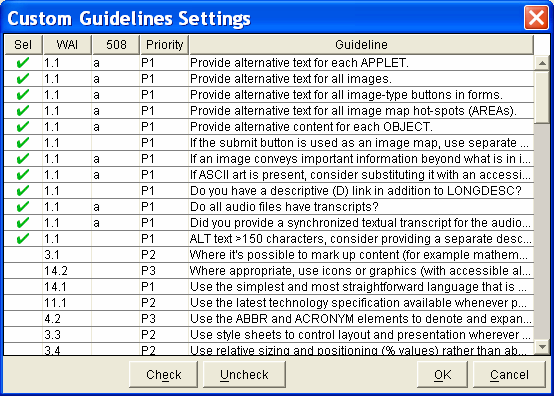 Screen Shot: Selecting WCAG 1.1 with Bobby