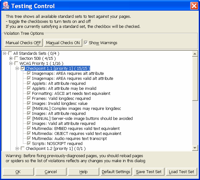Screen Shot: selecting WCAG 1.1 with InFocus