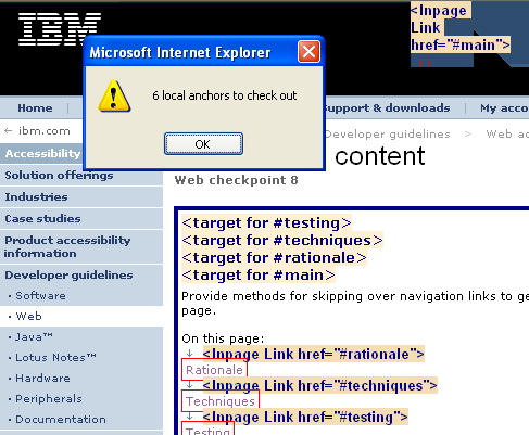 screen shot ibm.com page with skip link favelet showing good target for skip link but nat targets for the other three in-page links