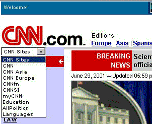 CNN screen shot with open select menu