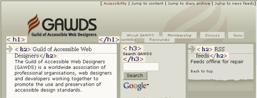 Screen shot of gawds.org with skip links and headings