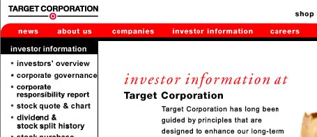 Investors information page, screen shot